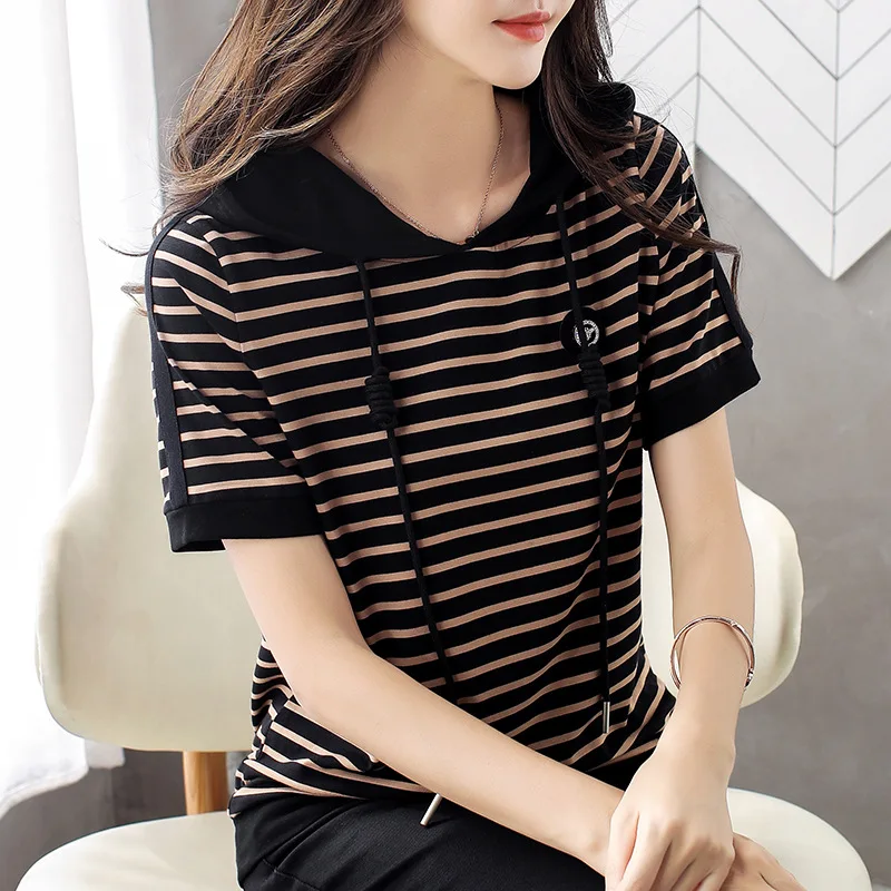 2021 New Large Size Loose Striped Hooded T-Shirts Women's Short Sleeve Summer Tshirt Tops Female Fashion Clothes for Ladies Slim
2021 New Large Size Loose Striped Hooded T-Shirts Women's Short Sleeve Summer Tshirt Tops Female Fashion Clothes for Ladies Slim