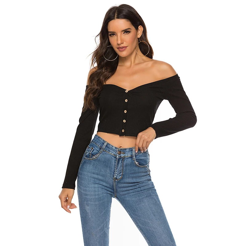 Women's New T Shirt Solid Color Casual Button Sexy Strapless V Neck Top Long Sleeve High Quality Ladies T Shirt
Women's New T Shirt Solid Color Casual Button Sexy Strapless V Neck Top Long Sleeve High Quality Ladies T Shirt