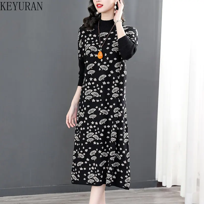 Women Black Jacquard Stretch Sweater Dress Autumn Winter Female Vintage Loose Mid-length Knitting Dresses Vestido Clothing Robes
Women Black Jacquard Stretch Sweater Dress Autumn Winter Female Vintage Loose Mid-length Knitting Dresses Vestido Clothing Robes