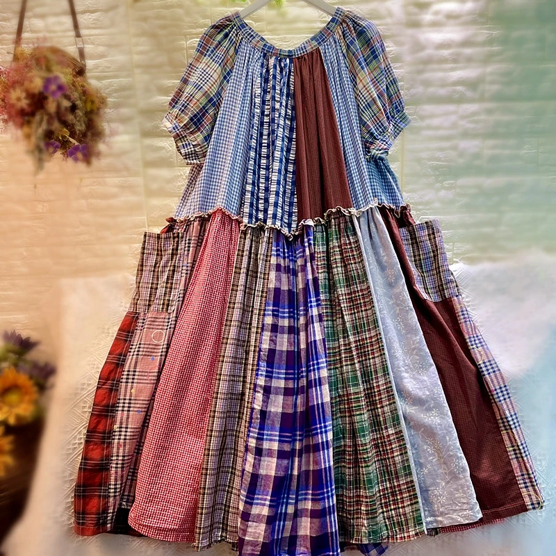 Vintage Summer Cotton Plaid Patchwork Spliced Short Sleeve Long Tunic Midi Dress Retro Elegant Gypsy Hippie Ibiza Robe Sundress
Vintage Summer Cotton Plaid Patchwork Spliced Short Sleeve Long Tunic Midi Dress Retro Elegant Gypsy Hippie Ibiza Robe Sundress