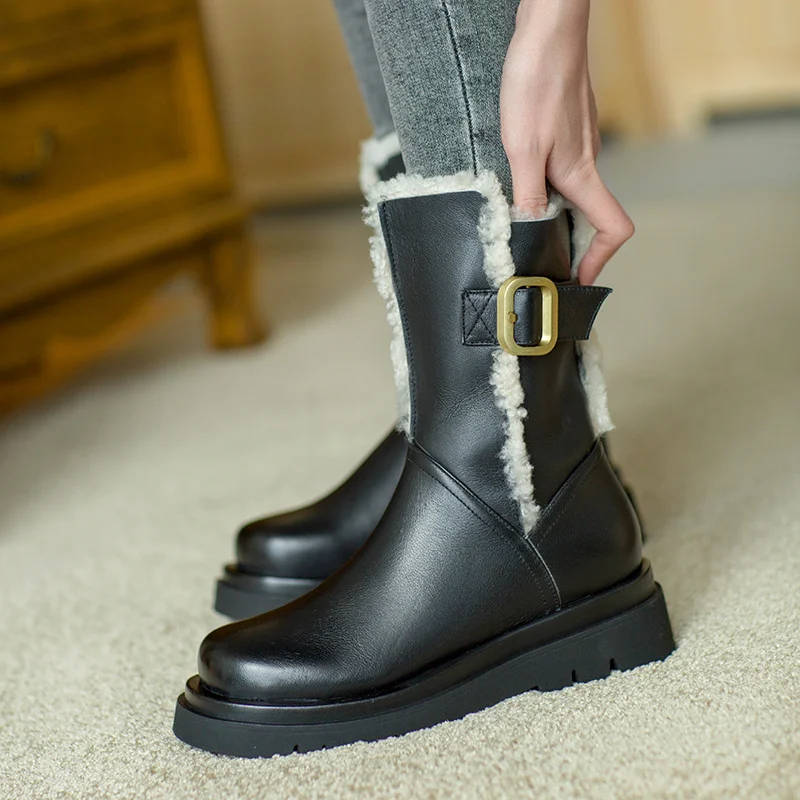 

Women Cow Leather Winter Shoes Warm Inside Belt Buckle Snow Med Heel 5 CM High Quality Ankle Boots With Zip botas de mujer