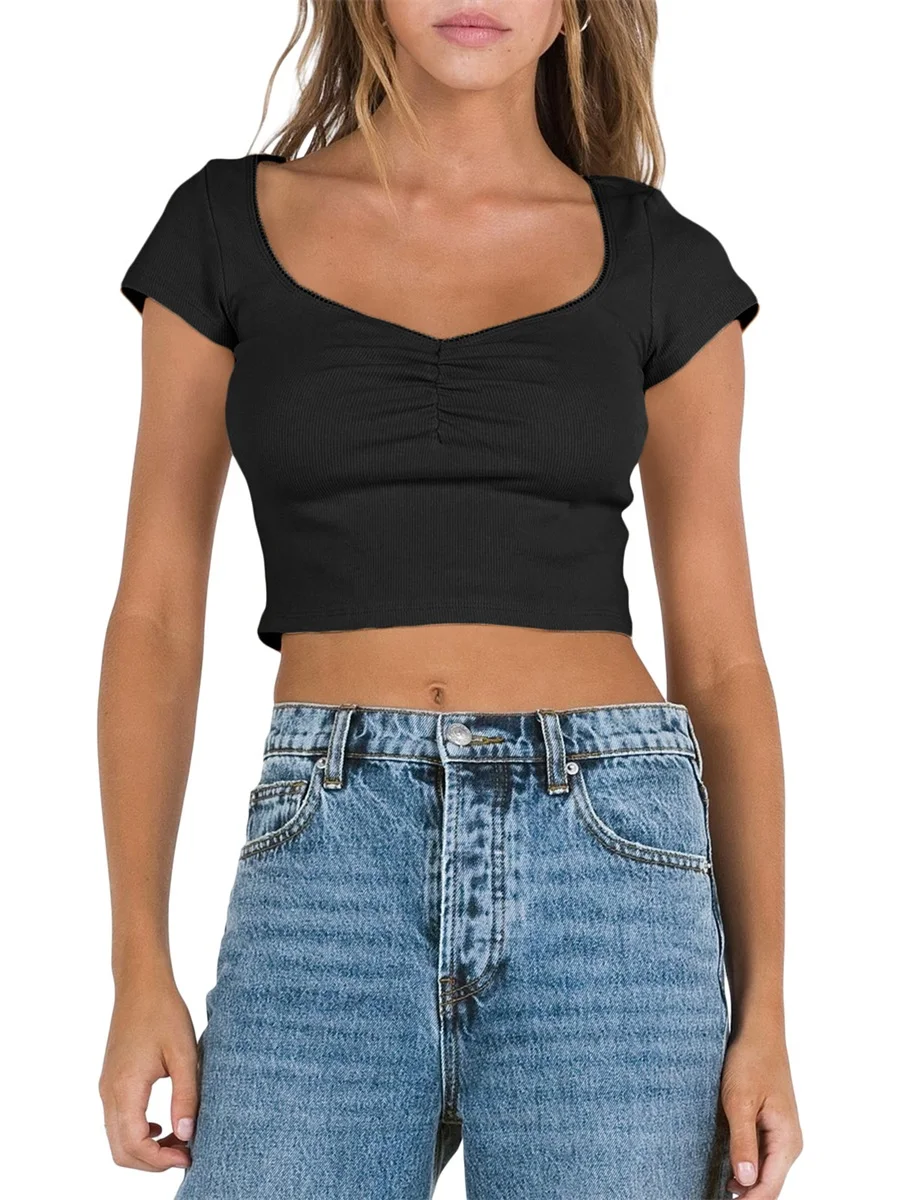 Women V Neck Crop Tops Short Sleeve V-neck Ruched T-Shirts Lace Trim Solid Color Slim Fit Basic Shirts Casual Simple Baby Tee
Women V Neck Crop Tops Short Sleeve V-neck Ruched T-Shirts Lace Trim Solid Color Slim Fit Basic Shirts Casual Simple Baby Tee