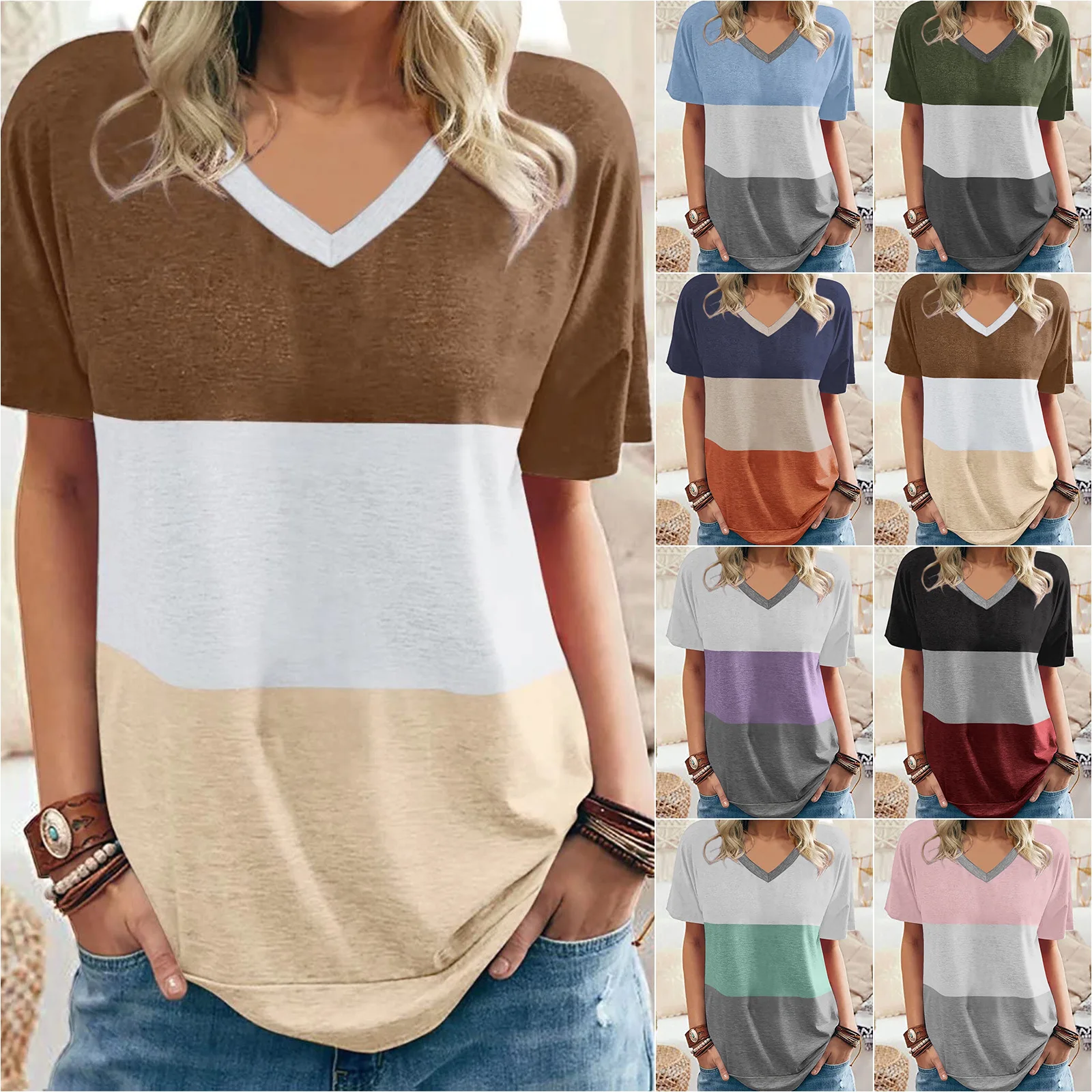 2022 Fashion Summer New European and American Women's Color Matching V-neck Casual Loose Short-sleeved T-shirt Women
2022 Fashion Summer New European and American Women's Color Matching V-neck Casual Loose Short-sleeved T-shirt Women