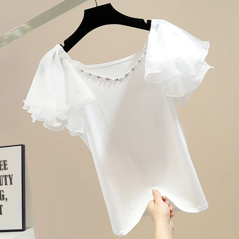 Heavy Industry Beads Diamond Ruffles T Shirt Sweet Laminated Ruffled Stitching Ruffle Sleeve V-neck Pullover T-shirt Women Tops
Heavy Industry Beads Diamond Ruffles T Shirt Sweet Laminated Ruffled Stitching Ruffle Sleeve V-neck Pullover T-shirt Women Tops