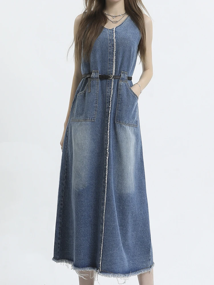 

Streetwear Belted Jeans Dress for Women New Vintage Sleeveless Tank Dress Ripped Lace Up Dresses High Waisted A Line Denim Dress