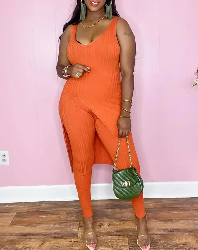 New Casual Women's Two-Piece Set of Solid Color V-Neck Sleeveless Slit Top Long and High Waist Leggings Set
New Casual Women's Two-Piece Set of Solid Color V-Neck Sleeveless Slit Top Long and High Waist Leggings Set
