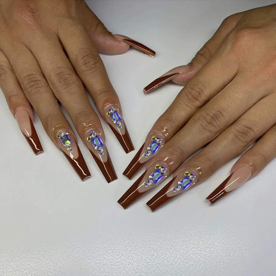 24Pcs/Box with glue Brown French Gemstone long Ballet Wearable Ins style Fake Nails press on Nails Coffin Full Cover false nails
24Pcs/Box with glue Brown French Gemstone long Ballet Wearable Ins style Fake Nails press on Nails Coffin Full Cover false nails