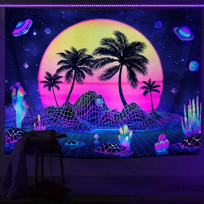 

Blacklight Sun Mountain Tapestry UV Reactive Abstract Vaporwave Tapestry Trippy Neon Cactus Coconut Trees Tapestry Wall Hanging