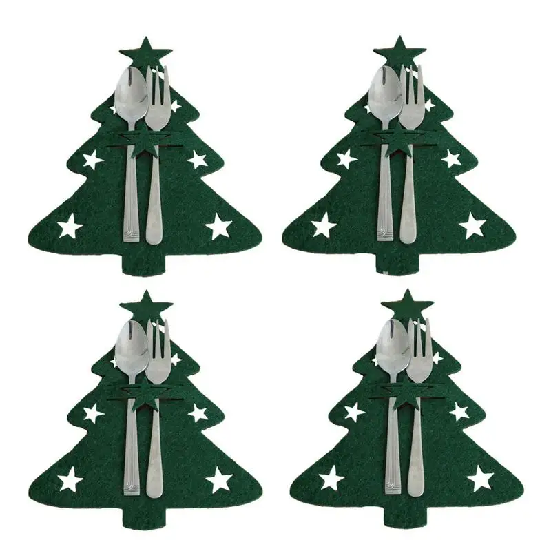 

4pcs Xmas Cutlery Bag Pocket Christmas Tree Stars Snowflake Fork Knife Spoon Holder Bags For Kitchen Tableware Organizer Decors