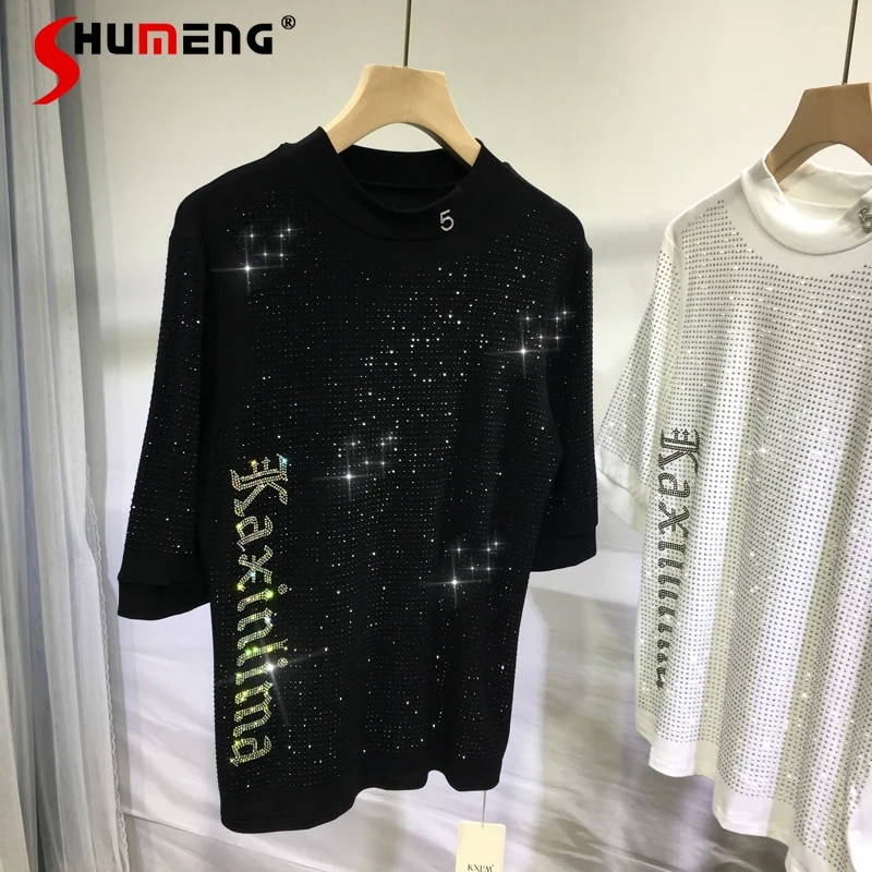 Heavy Industry Rhinestone T-shirt Women's Letter Slim Fit Bottoming Shirt Top Ladies Crew Neck Half Sleeve Black Cotton Tshirt
Heavy Industry Rhinestone T-shirt Women's Letter Slim Fit Bottoming Shirt Top Ladies Crew Neck Half Sleeve Black Cotton Tshirt