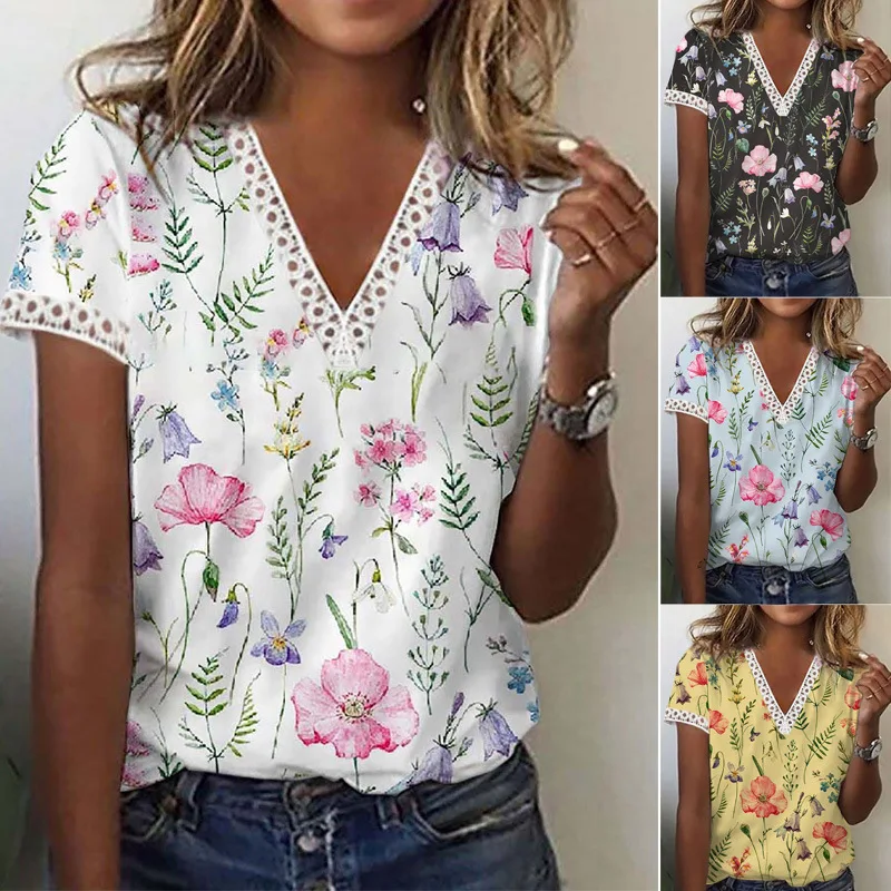 Summer Women Clothes New Print V-Neck Short Sleeve Flower T-shirt Top Women's Wear
Summer Women Clothes New Print V-Neck Short Sleeve Flower T-shirt Top Women's Wear