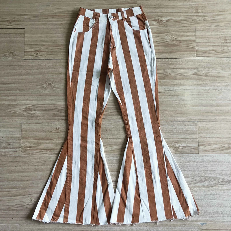 

Wholesale Boutique Adult Jeans Mid Rise Pants Fashion Women Spring Fall Striped Bell Bottom Contrast Pants Denim Pocket Trousers