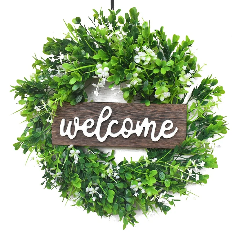 

Artificial Boxwood Wreath,Welcome Wreath with Wooden Welcome Sign Leaf Wreath for Front Door Window Home Decoration