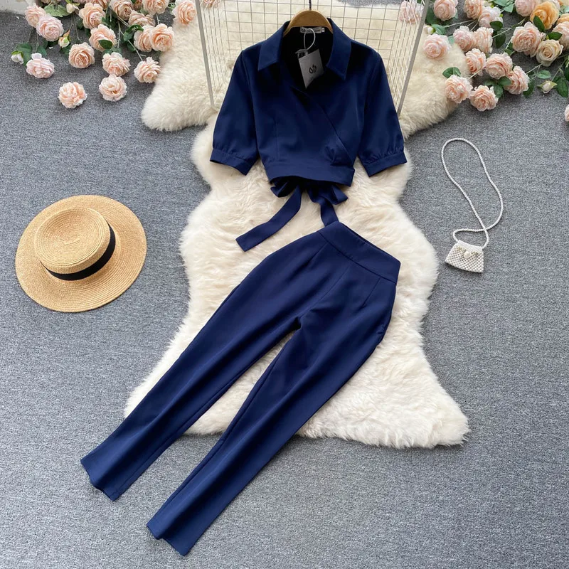 Summer Women Bow Tie Wrap Blouse Pants Two Piece Set Crop Tops High Waist Pencil Pants Suit Causal Vintage Office Ladies Outfits
Summer Women Bow Tie Wrap Blouse Pants Two Piece Set Crop Tops High Waist Pencil Pants Suit Causal Vintage Office Ladies Outfits