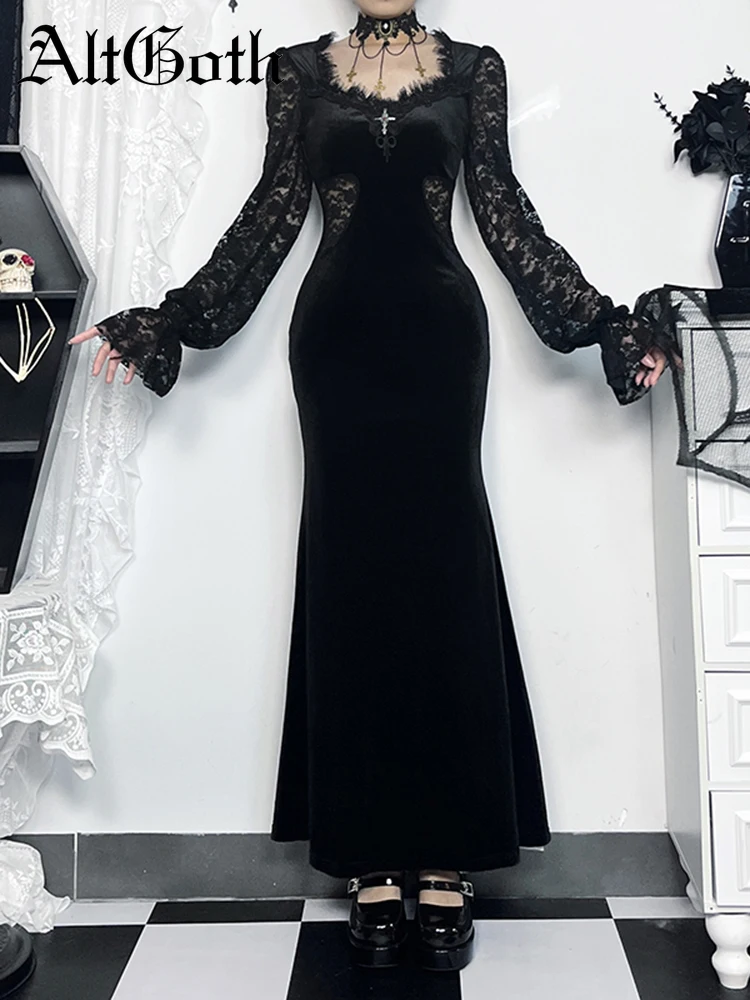 AltGoth Elegant Vintage Gothic Velvet Dress Women Streetwear Dark Punk Coquette Fairy Grunge Lace Sleeve High Waist Midi Dress
AltGoth Elegant Vintage Gothic Velvet Dress Women Streetwear Dark Punk Coquette Fairy Grunge Lace Sleeve High Waist Midi Dress
