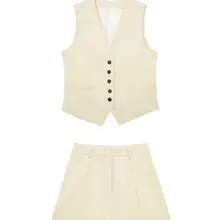 TRAFZA Women Elegant Solid Button Sleeveless Linen Shorts Set Vintage Casual V Neck Chic Vest Set 2023 Womens Office Lady Suit
