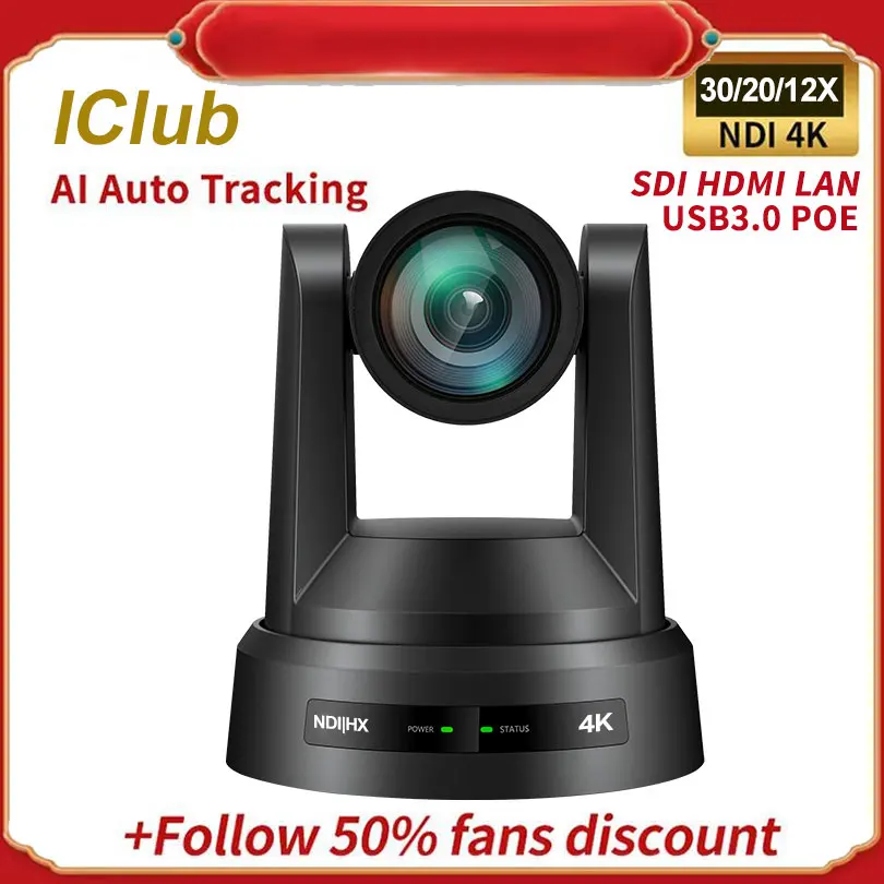 

Iclub T400N AI Auto Tracking NDI 4K 30X 20X 12X POE PTZ Conference Camera 3G-SDI HDMI IP USB3.0 Studio Live Streaming