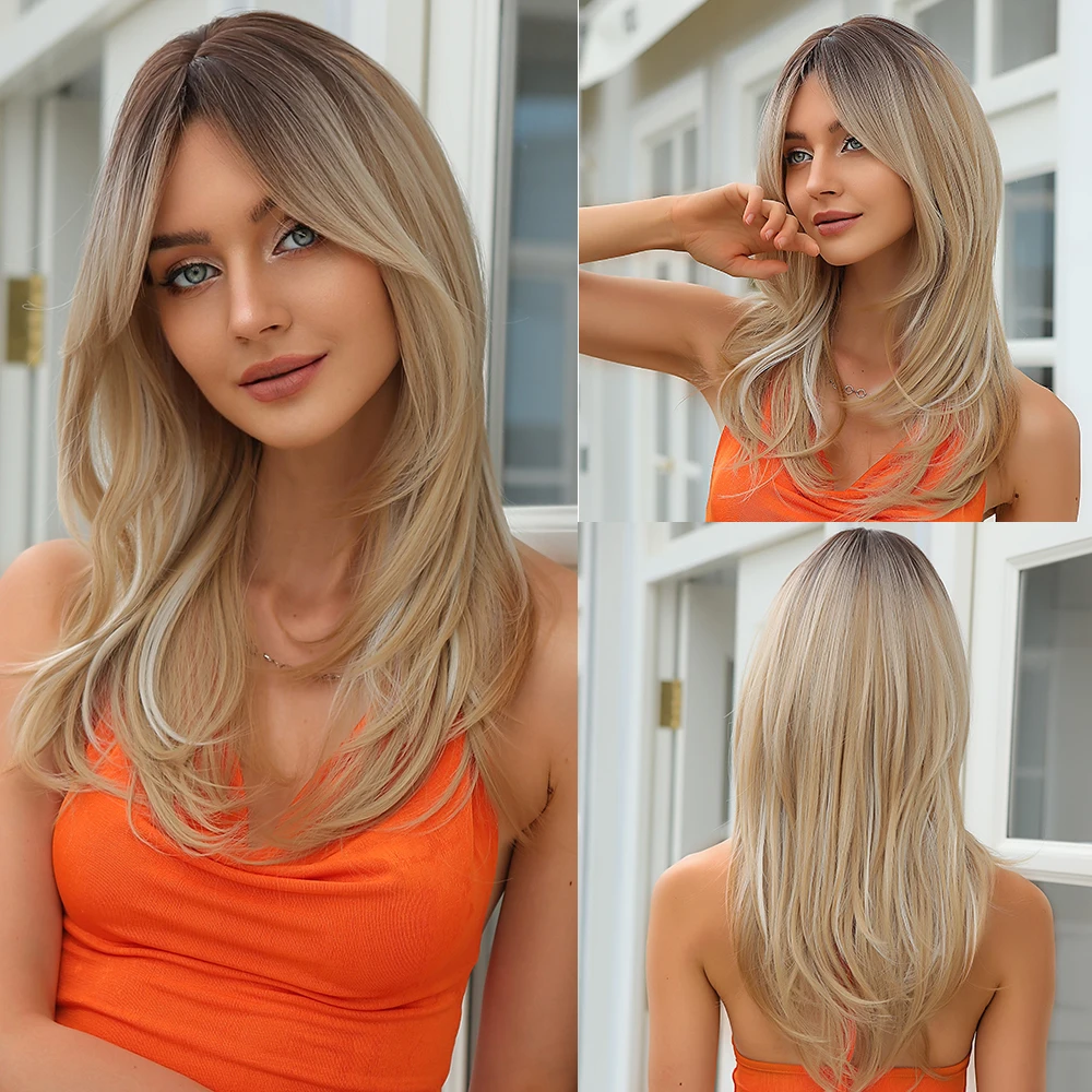 

Blonde Brown Ombre Synthetic Wigs Long Layered Highlight Natural Hair Wig with Bangs for Black Women Cosplay Wig Heat Resistant