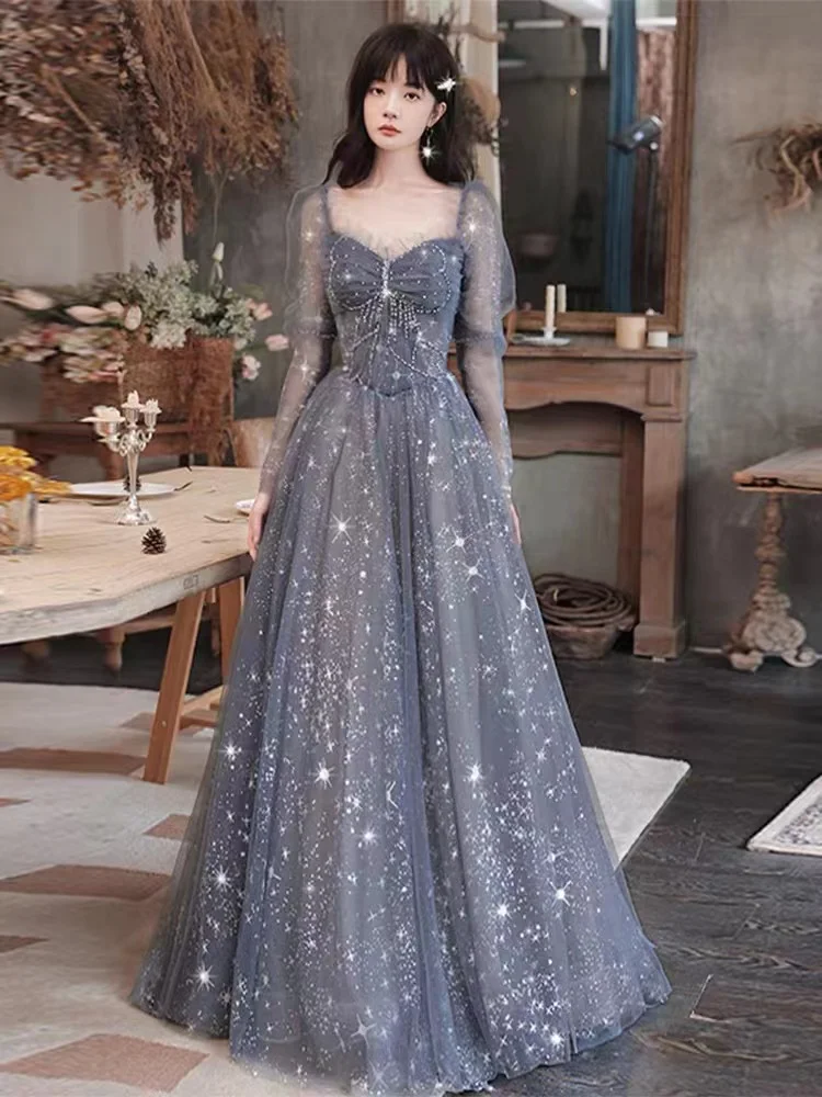 Romantic Grey Blue Prom Dresses For Women Sweetheart A-Line Tulle Beading Sequined Long Sleeve Floor-Length Birthday Party Gowns
Romantic Grey Blue Prom Dresses For Women Sweetheart A-Line Tulle Beading Sequined Long Sleeve Floor-Length Birthday Party Gowns