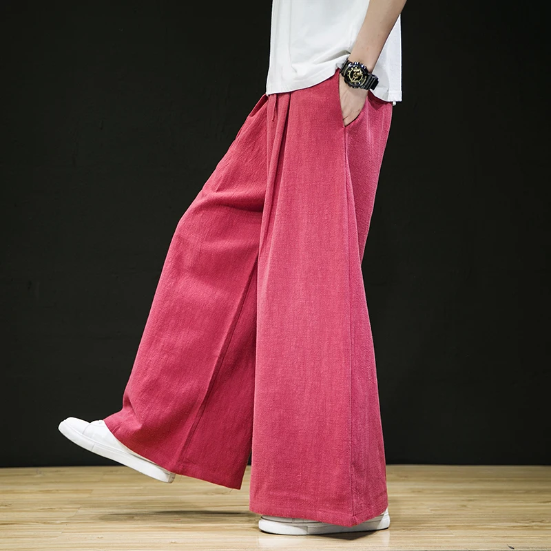 

Chinese Style Linen Pants Men Loose Flared Pants Large Size 5XL Fashion Casual Wide-Leg Pants Yoga Skirt Pants Thai Trousers