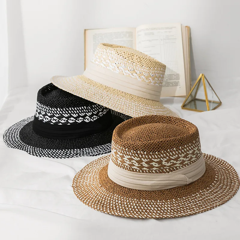 

Summer Beach Panama Hat For Women's Lady Top Flat Brim Female Cap Girls Vacation Travel Sun Straw Hat Chapeu Feminino Wholesale