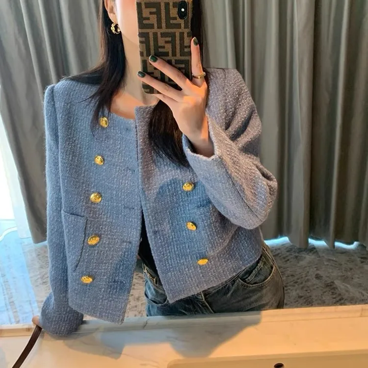 Ladies Autumn Elegant Sky Blue Tweed Jacket Casual Vintage French Double-breasted Blends Wool Outerwear Female 2022 New
Ladies Autumn Elegant Sky Blue Tweed Jacket Casual Vintage French Double-breasted Blends Wool Outerwear Female 2022 New