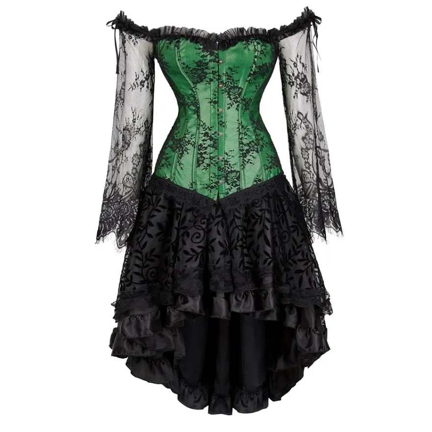 Sexy Off-Shoulder Transparent Lace Sleeves Exotic Floral Corset Top Gothic Asymmetrical Skirt Vintage Gowns Bustier Lingerie
Sexy Off-Shoulder Transparent Lace Sleeves Exotic Floral Corset Top Gothic Asymmetrical Skirt Vintage Gowns Bustier Lingerie