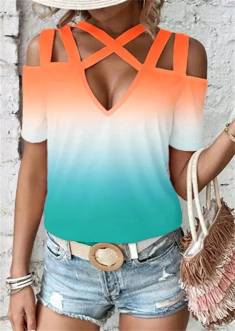 Gradient Criss-Cross Cold Shoulder Blouse Short Sleeve Blouse Women Summer 2023 New Fashion Casual Shirt Ladies Chic Tops
Gradient Criss-Cross Cold Shoulder Blouse Short Sleeve Blouse Women Summer 2023 New Fashion Casual Shirt Ladies Chic Tops