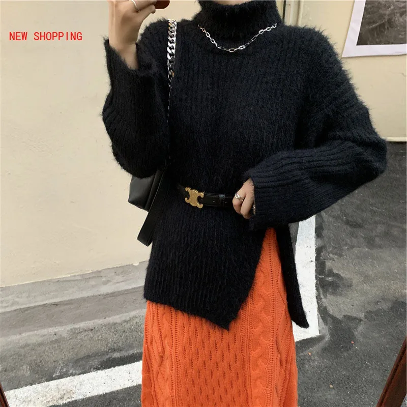 Fashion Fluffy Mohair Women's Sweater Turtleneck Black 2021 New Slit Design Mid-length Sweaters Elegant Chic Pullover Tops Loose 
Fashion Fluffy Mohair Women's Sweater Turtleneck Black 2021 New Slit Design Mid-length Sweaters Elegant Chic Pullover Tops Loose