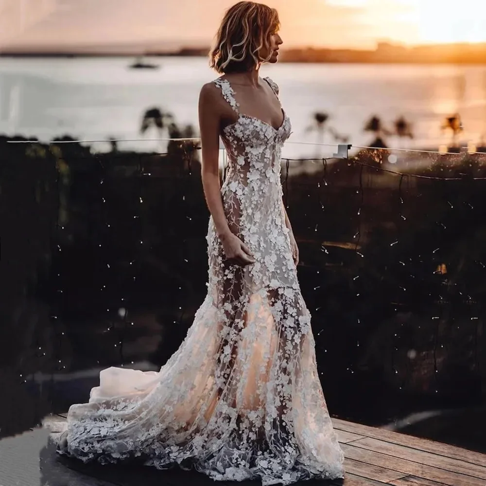 Sexy Mermaid Weeding Dress V Neck Strap Tulle Illusion 3D Lace Applique Sleeveless Boho For Bridal Ladies With Sweep Train
Sexy Mermaid Weeding Dress V Neck Strap Tulle Illusion 3D Lace Applique Sleeveless Boho For Bridal Ladies With Sweep Train