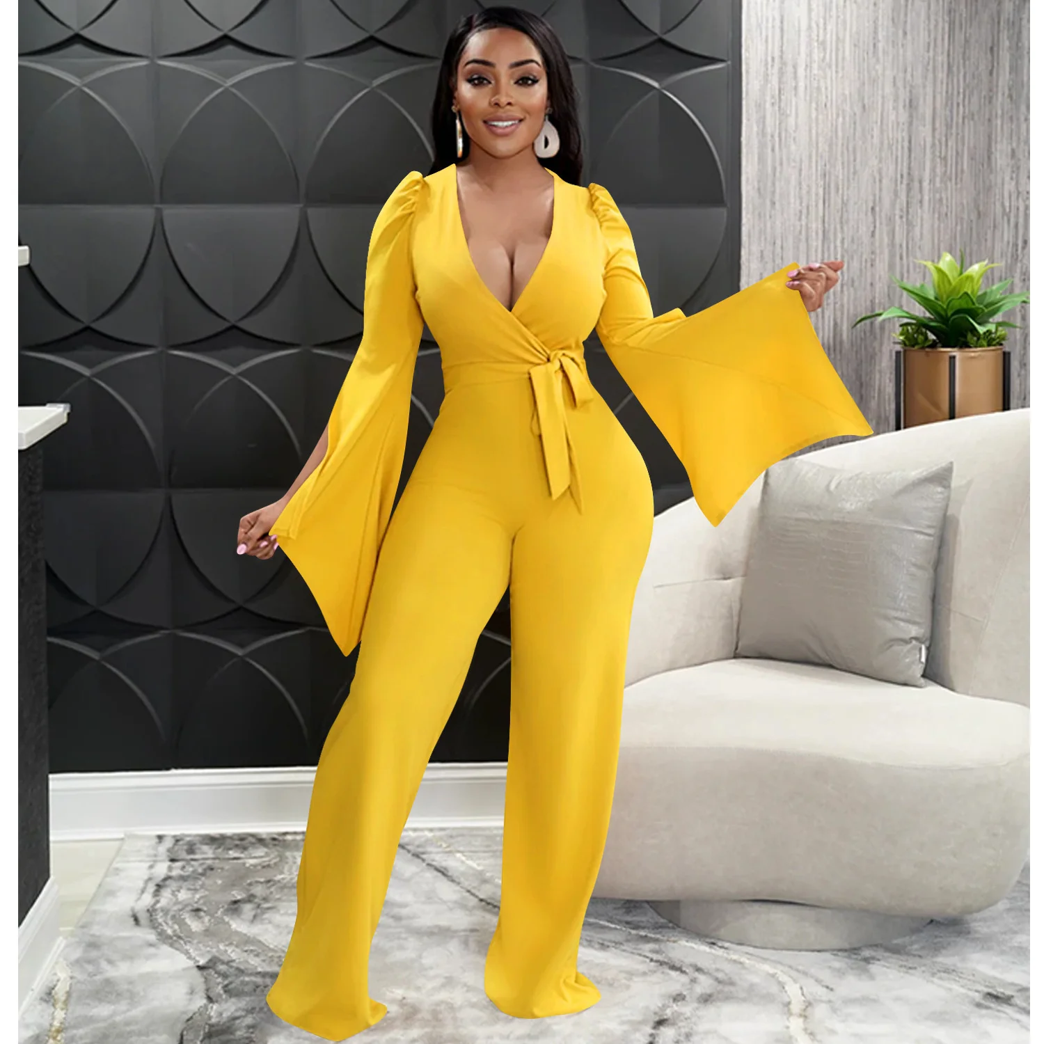 Women's Fashion Solid Color Sexy Deep V Bandage Wrinkled Wide Sleeve Wide Leg Jumpsuit Women
Women's Fashion Solid Color Sexy Deep V Bandage Wrinkled Wide Sleeve Wide Leg Jumpsuit Women