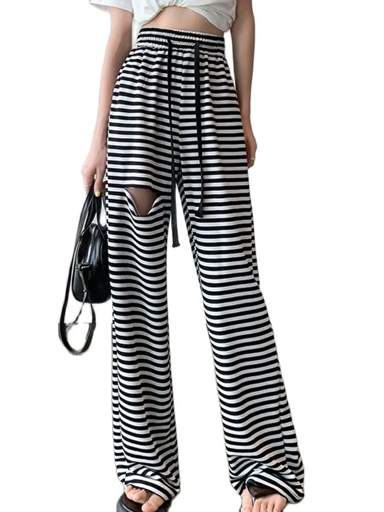 Casual Sports Pants Striped Ripped Wide Leg Pants High Waist Slim Straight Trousers 2022 Summer Thin Fashion Women'S Clothing 
Casual Sports Pants Striped Ripped Wide Leg Pants High Waist Slim Straight Trousers 2022 Summer Thin Fashion Women'S Clothing