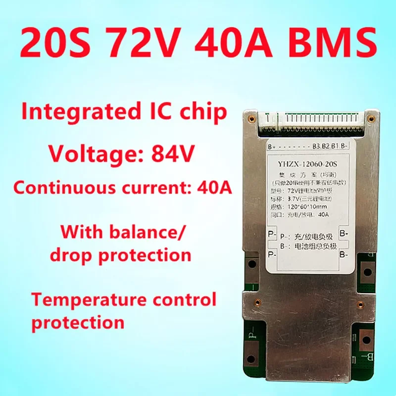 3.7V 72V 20S Lithium Ion Battery BMS with 40A 60A 1000W 1200W 1500W 84V With Balance Used For Stree Light E-Bike Scooter Tools
3.7V 72V 20S Lithium Ion Battery BMS with 40A 60A 1000W 1200W 1500W 84V With Balance Used For Stree Light E-Bike Scooter Tools