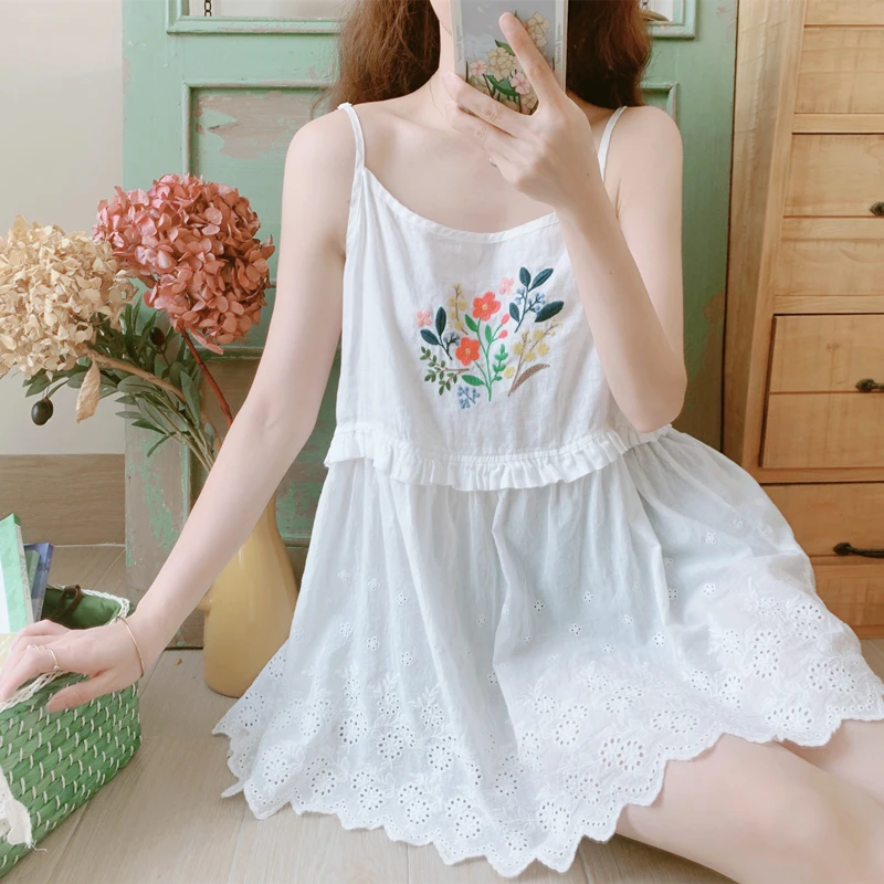 

Summer New Women's Clothing Japanese Mori Girl Small Fresh Loose Large Size Embroidered Cotton and Linen White Lace Sling