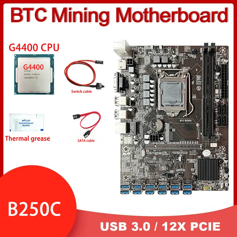 B250C 12USB3.0 (PCIE1X)ETH Miner Motherboard+G4400 CPU+Thermal Grease+Switch Line+SATA Cable LGA1151 DDR4 Slot MSATA+VGA
B250C 12USB3.0 (PCIE1X)ETH Miner Motherboard+G4400 CPU+Thermal Grease+Switch Line+SATA Cable LGA1151 DDR4 Slot MSATA+VGA
