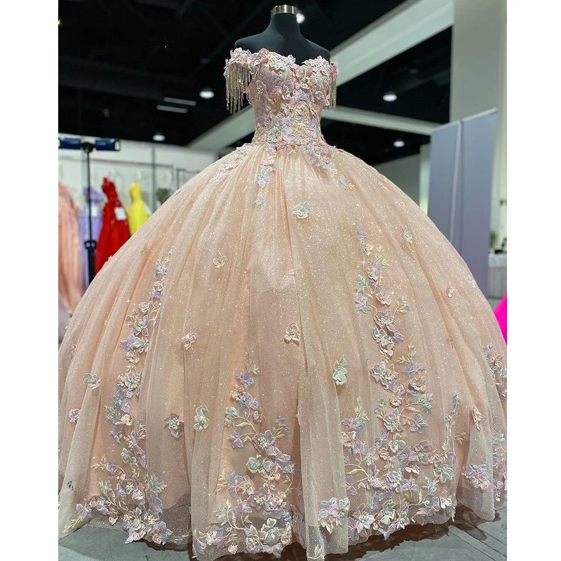 

Champagne Glitter Quinceanera Dresses With 3DFlower Beading Robes De Ball lace-up corset Prom vestido de aniversário de 15 anos