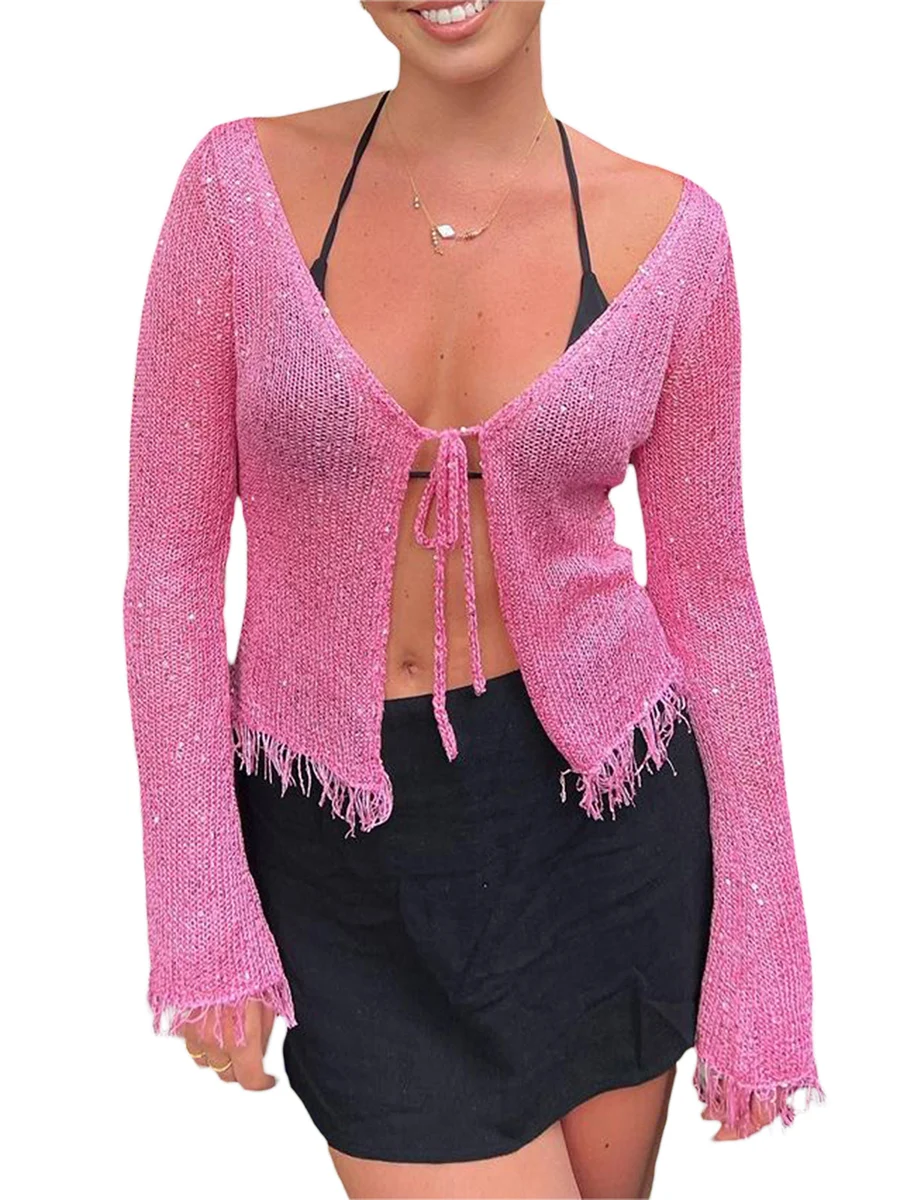 Women Knit Cardigan Long Sleeve V Neck Tie-up Shiny Tasseled Tops Fall Summer Casual Jacket Clubwear
Women Knit Cardigan Long Sleeve V Neck Tie-up Shiny Tasseled Tops Fall Summer Casual Jacket Clubwear