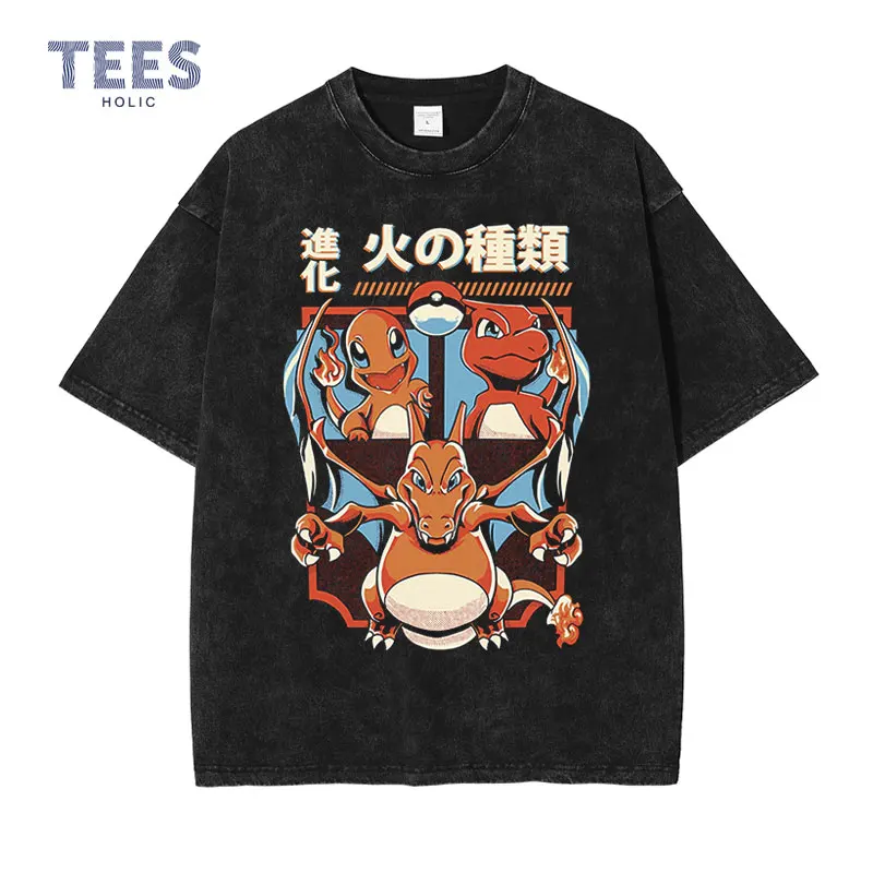 

Charizard T-shirts Vintage Washed Anime Pokemon T Shirt Streetwear Casual Style Tshirt Old School Manga Pikachu Tops Tees Men