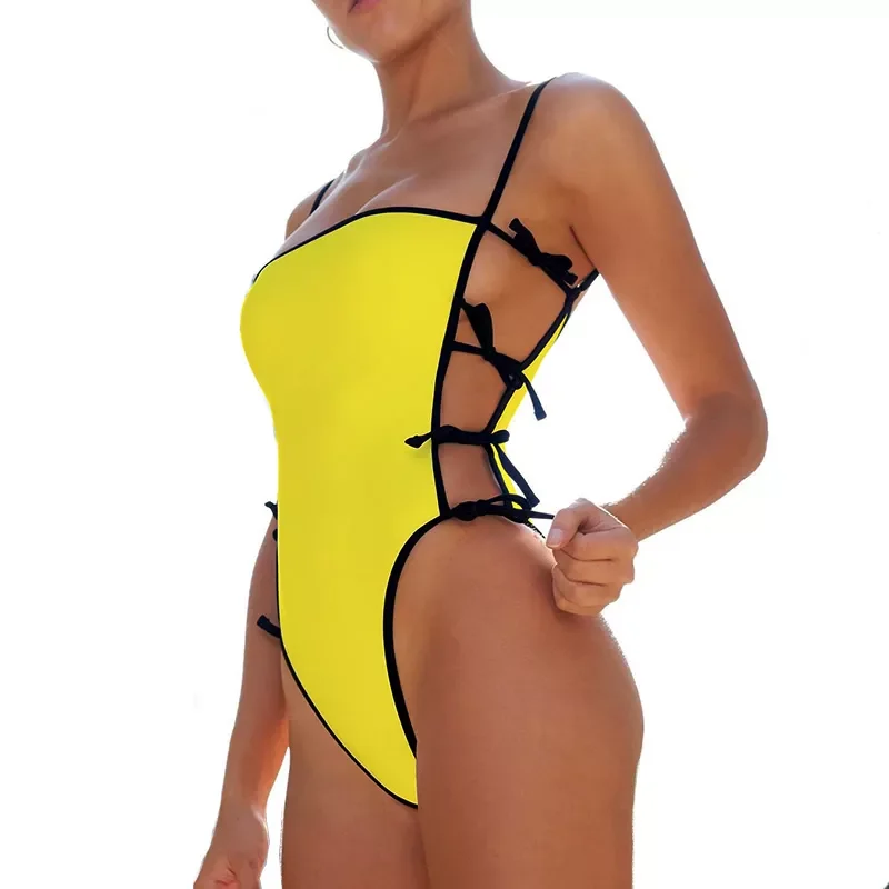 

2021 New Sexy Neon Yellow female Swimwear One Piece Swimsuit Women Bandeau String Monokini Tie side Bathing Suit Swim Bodysuit