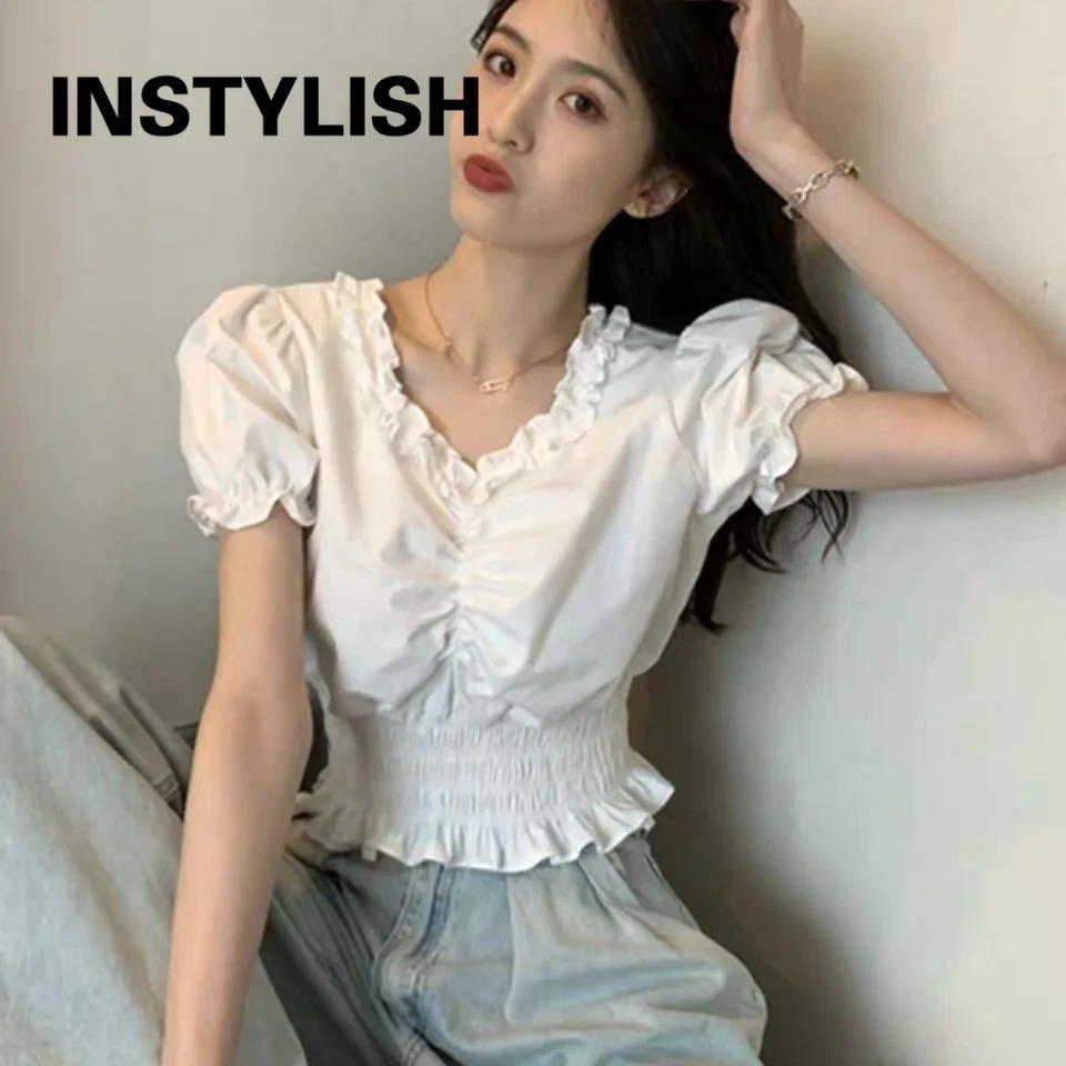

Women ummer hort leeve Ruffle V Neck Bloue and hirt Elegant Ruched Cropped Top Caual Puff leeve imple Bloue Tunic