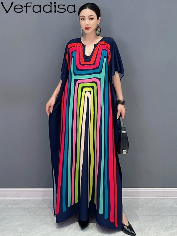 

Vefadisa 2023 летнее женское модное повседневное Свободное длинное платье с V-образным вырезом красочное Полосатое платье персонализированное элегантное платье для девушки ZY1839