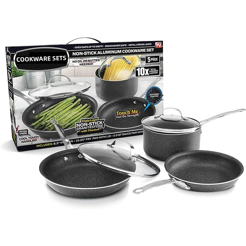 

Original 5-Piece Nonstick Cookware Set Scratch-Resistant Pots &Pans Granite-coated Anodized Aluminum Dishwasher-Safe Kitchenware