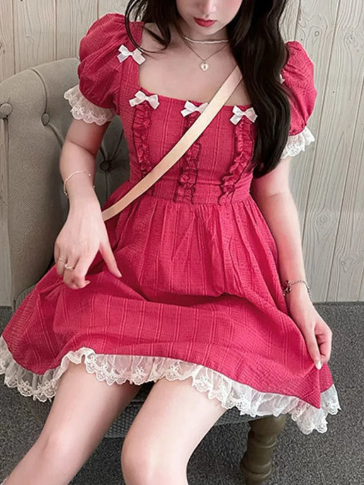 Милое розовое платье Kawaii, кружевное лоскутное платье с бантом, пышными рукавами и квадратным вырезом, сказочные платья, корейская мода, женское платье с высокой талией 
Милое розовое платье Kawaii, кружевное лоскутное платье с бантом, пышными рукавами и квадратным вырезом, сказочные платья, корейская мода, женское платье с высокой талией