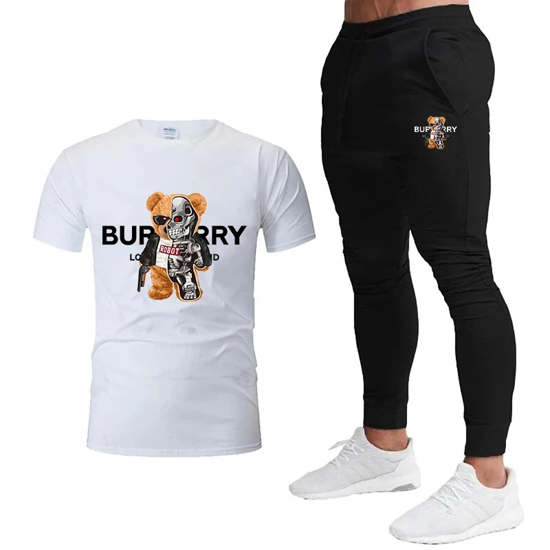 

Комплект спортивный мужской из футболки и брюк, хлопок, короткий рукав, принт, модные роскошные Брендовые повседневные спортивные штаны для бега