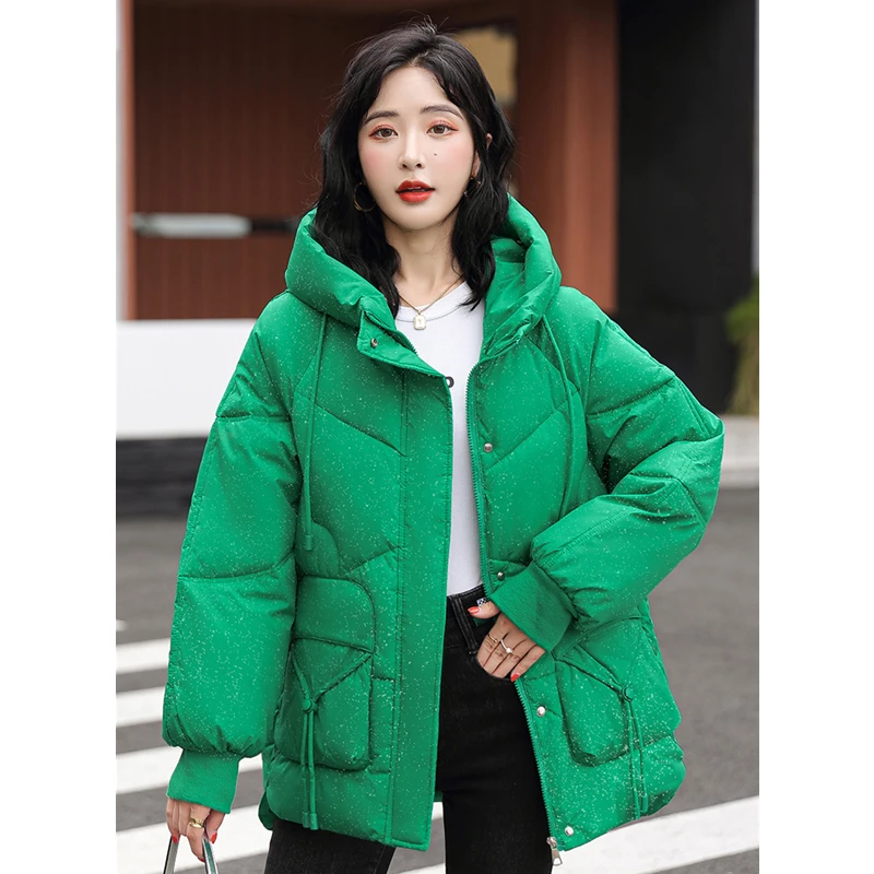 

Korean Women Green Down Clothes Winter Fashion Wavelet Point Casual Warm Thicken Baggy Drawstring Hooded Coat Puffer Outwear Top