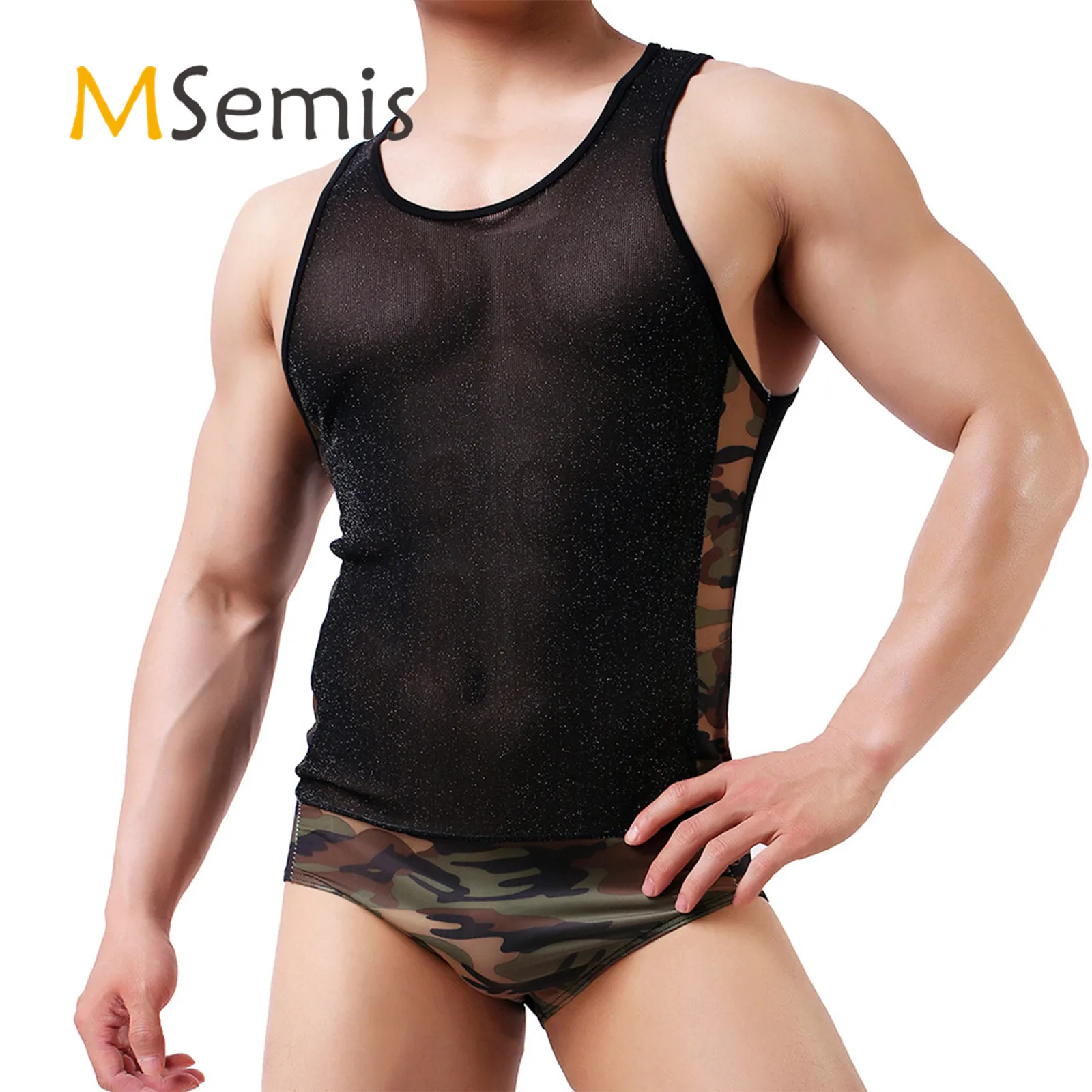 Black Mens Lingerie Print Slight See-through Bodysuit U Neck Sleeveless Camouflage One-piece Jumpsuit Stretchy Jogging Fitness
Black Mens Lingerie Print Slight See-through Bodysuit U Neck Sleeveless Camouflage One-piece Jumpsuit Stretchy Jogging Fitness