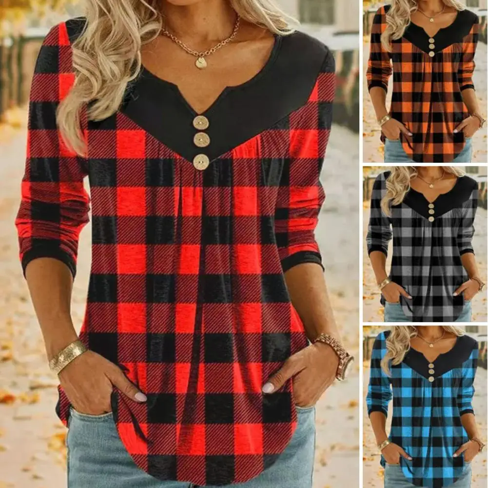 Women Blouse Christmas Plaid Stitching Print T-shirt V-neck Long Sleeve Tunic Tops Buttons Decor Mid-length T-shirt Streetwear
Women Blouse Christmas Plaid Stitching Print T-shirt V-neck Long Sleeve Tunic Tops Buttons Decor Mid-length T-shirt Streetwear