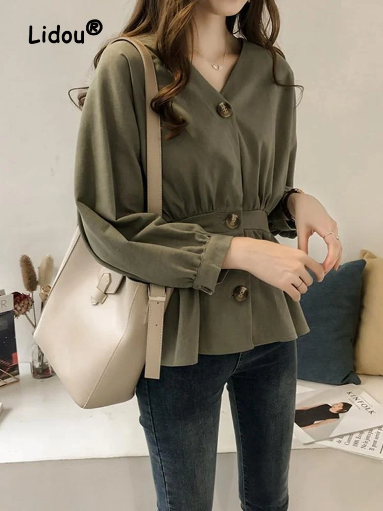 Fashion Solid Color Pleated Single-breasted Blouse Women New Classic Long Sleeve V-neck Waist Casual All-match Lady Shirt 2022
Fashion Solid Color Pleated Single-breasted Blouse Women New Classic Long Sleeve V-neck Waist Casual All-match Lady Shirt 2022