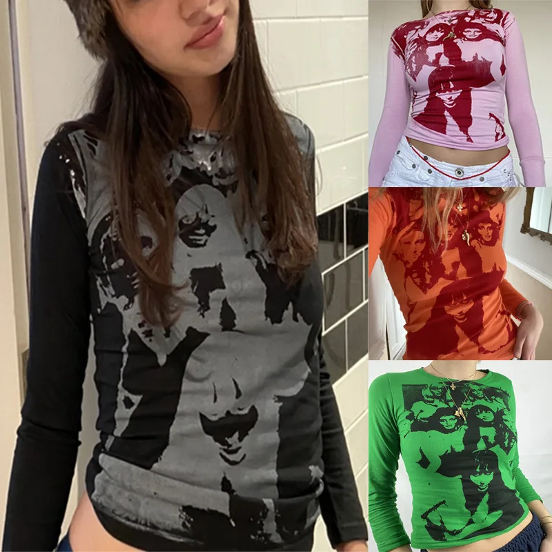 Portrait Graphic Print T-shirt 90s Vintage Harajuku Long Sleeve Crop Top Y2K Aesthetic Summer Slim Fit Tee Tops Streetwear
Portrait Graphic Print T-shirt 90s Vintage Harajuku Long Sleeve Crop Top Y2K Aesthetic Summer Slim Fit Tee Tops Streetwear