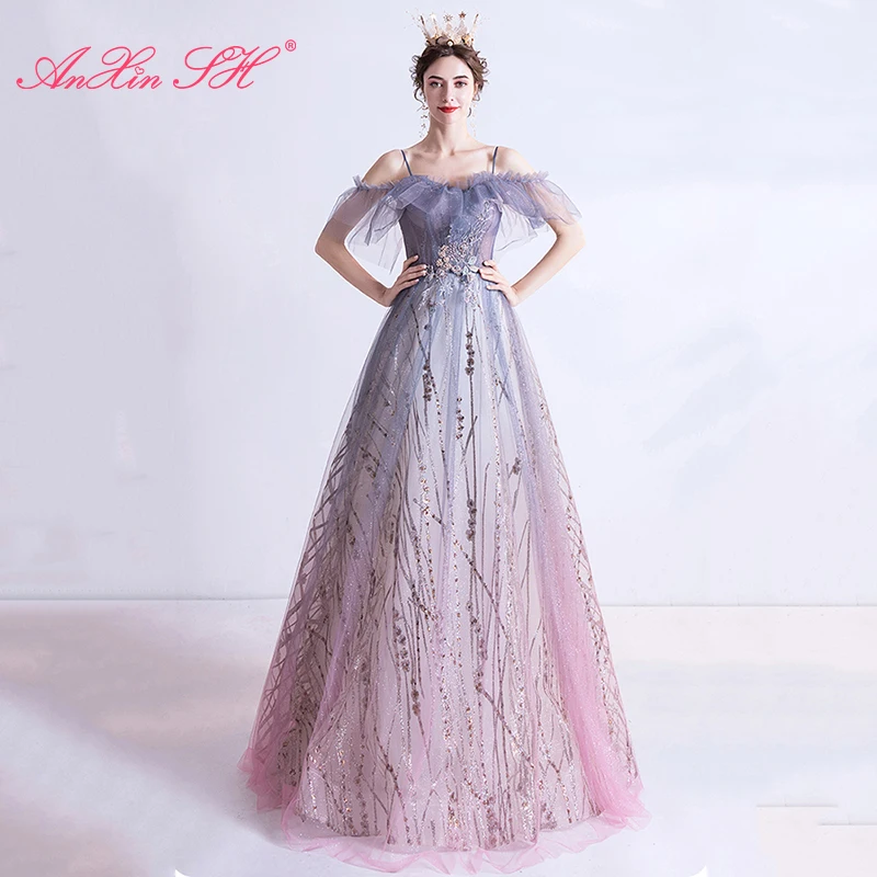 

AnXin SH princess sparkly boat neck purple lace flower ruffles Star light beading crystal dinner party evening dress 6000